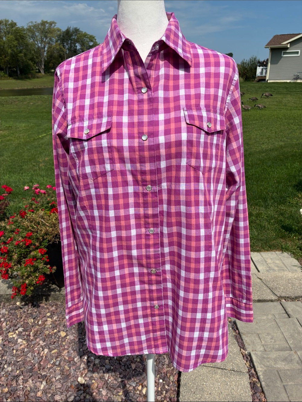 Wrancher by Wrangler Pink Plaid pear Snap Up Shirt M